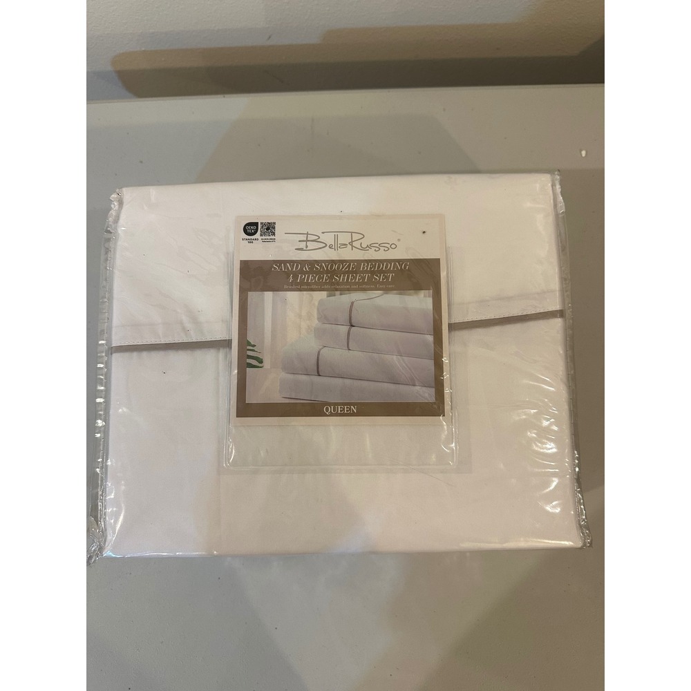 Bella Russo Sand & Snooze 4 Piece Sheet Set Queen White Brushed Microfiber NEW